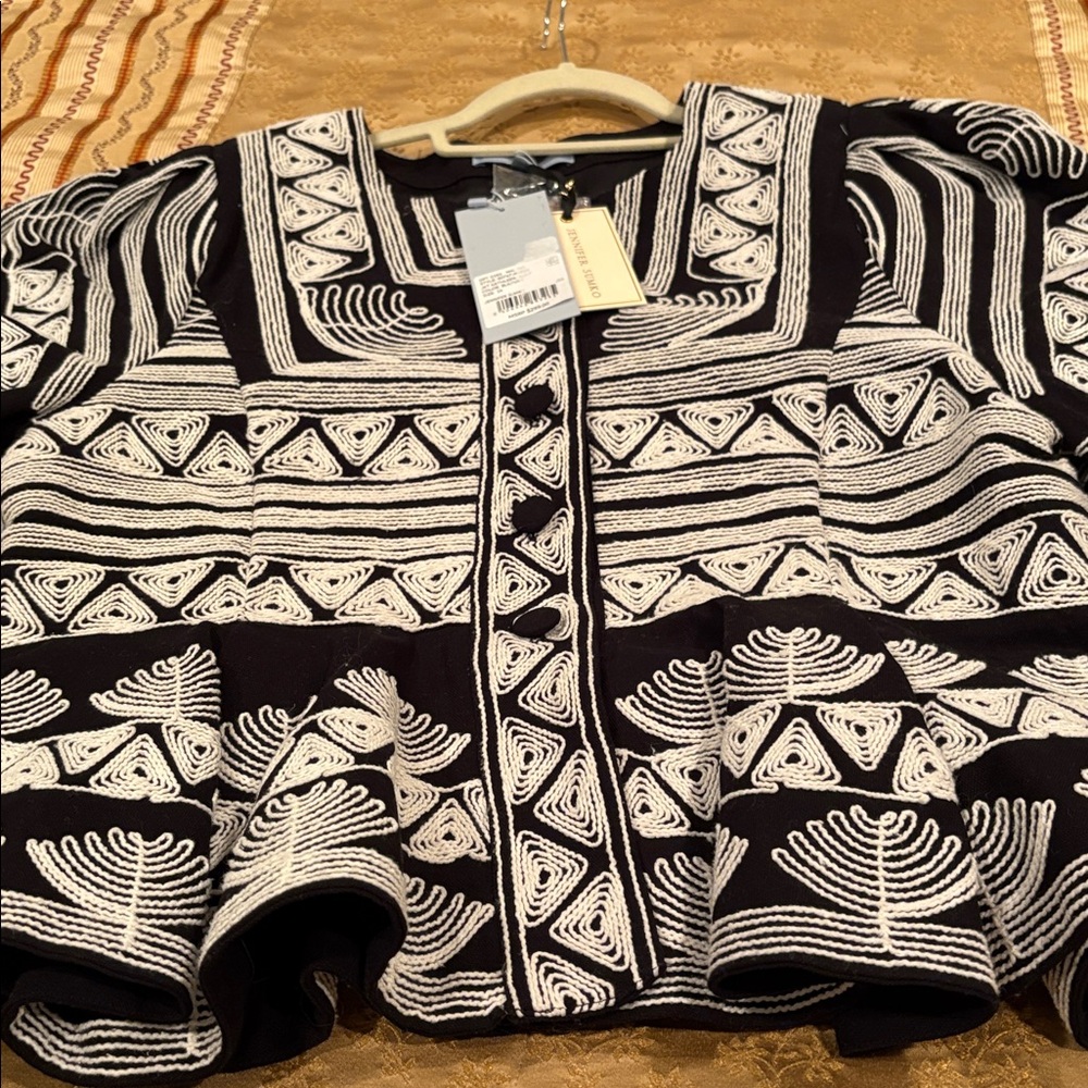 NWT Antonio Melani/Jennifer Sumko Blk Jacket, Wht Embroidery, Retail $299, Sz 14 - Picture 2 of 12